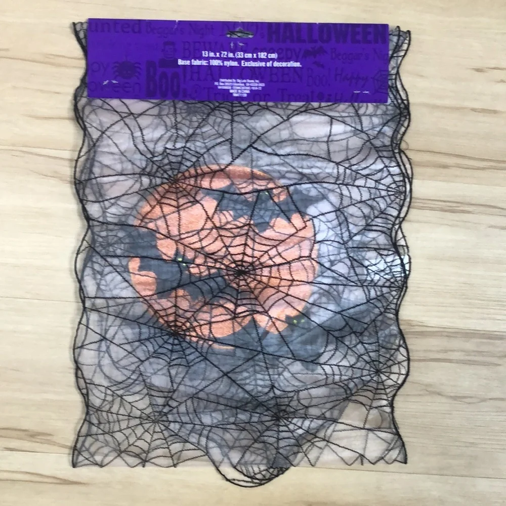 Halloween‎ Black Spider Web Pumpkin Bat Sheer Table Runner NWT
